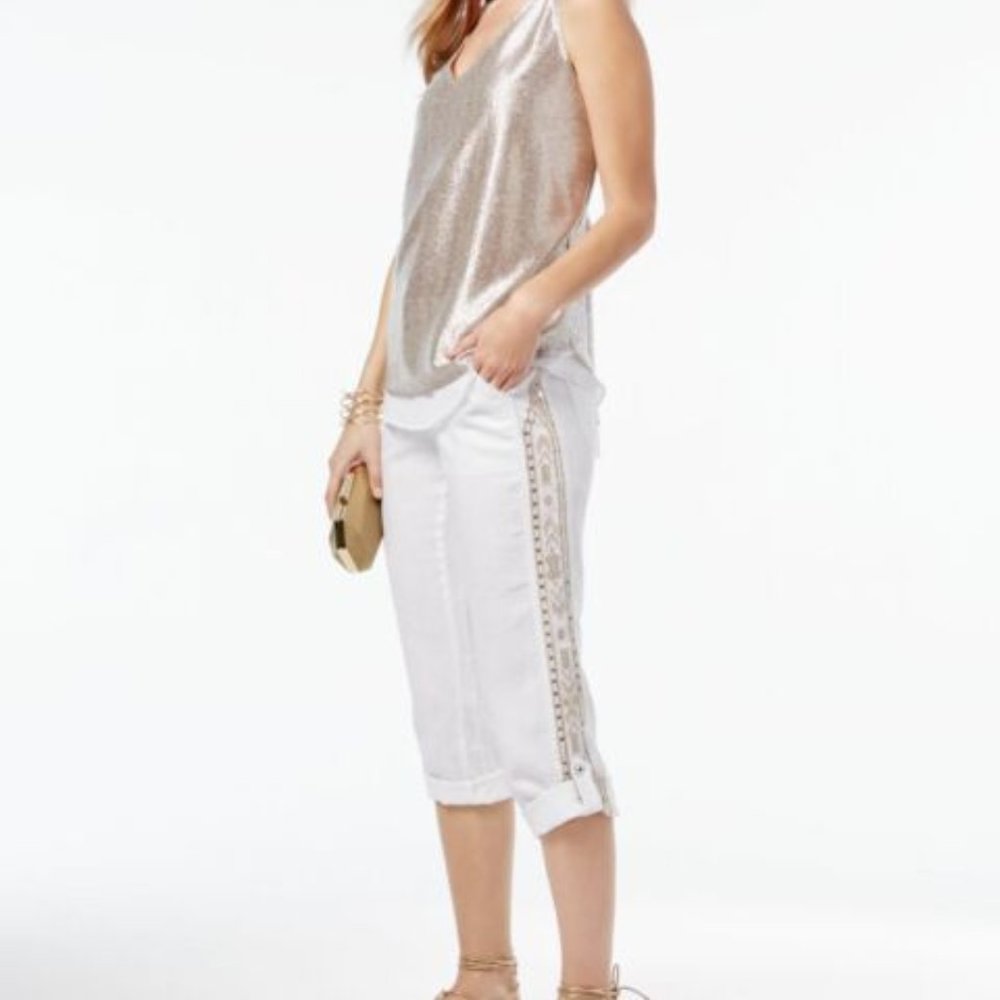 INC women's size 2 Aztec detail sequin embellished linen TROPIC HEAT capri pants